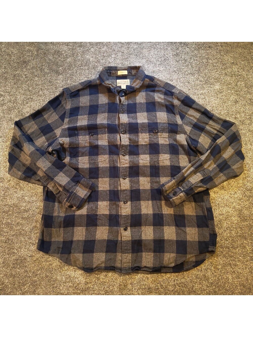 J.Crew Mens Large Blue Gray Buffalo Plaid Mid-Weight Flannel Shirt Classic